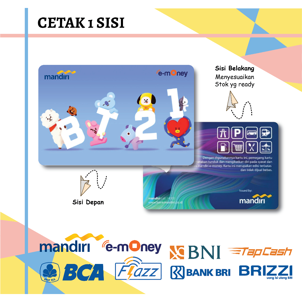 KARTU EMONEY ANIME BT21 RJ TATA MANG VAN MANDIRI FLAZZ BCA GEN 2 BNI TAPCASH BRIZZI BRI - 1 SISI
