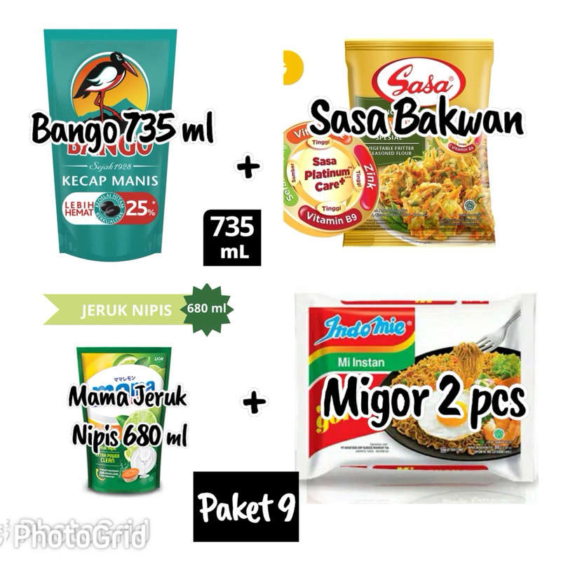 

Paket 9 Sembako Kecap Bango Sasa Tepung Mama Lemon Indomie Goreng