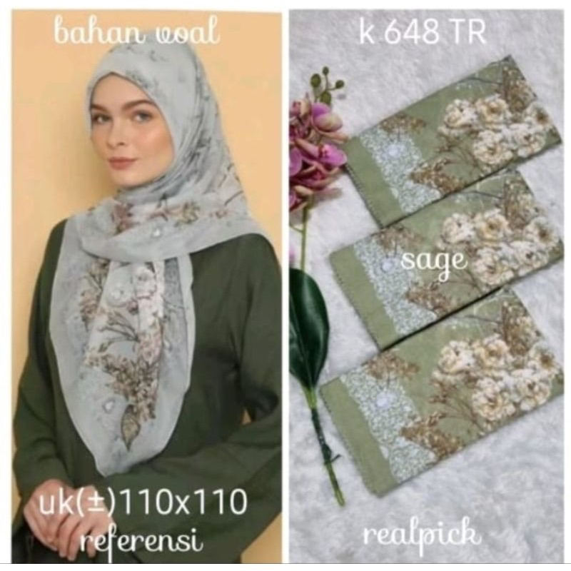 Hijab Segi Empat Voal Motif Bunga Warna Sage Kombi Cream Jilbab Kerudung Terbaru