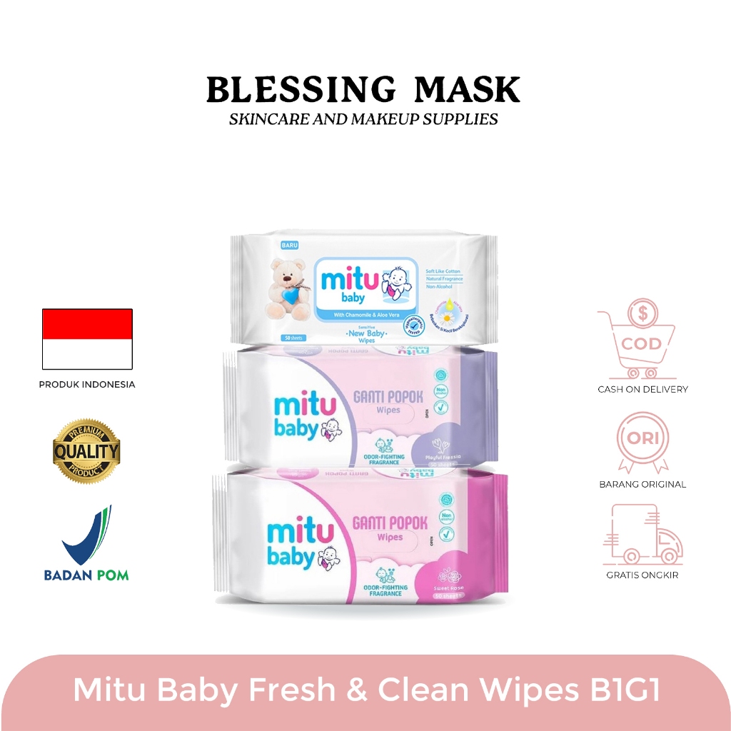 Mitu Baby Fresh & Clean Wipes Blooming Cherry PinK | Playful Fressia Ungu 50'S - Tisu Basah Bayi | B