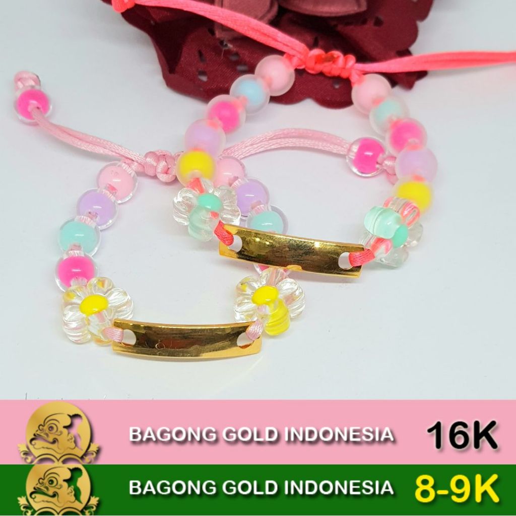 Gelang Emas 16K 8K serut candy anak bayi plat polos grafir nama warna warni lucu ongsrot ongsrotan t