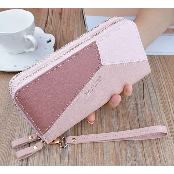 SPDM-5 DOMPET WANITA 2 RESLETING PREMIUM PINK KULIT BESAR PANJANG KOREA TALI FASHION