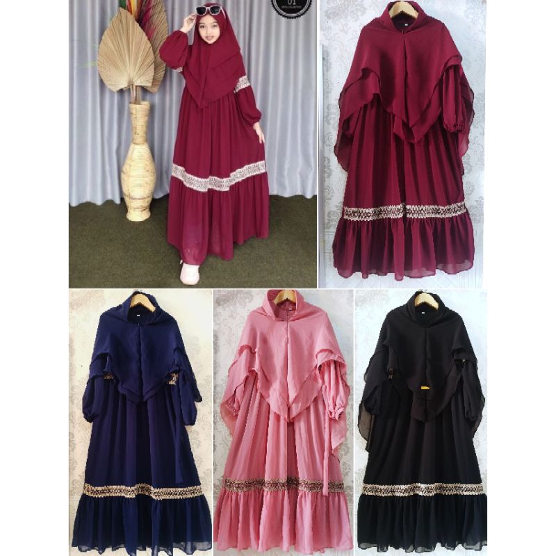 Gamis Renda Anak Set Jilbab Syari Ceruty