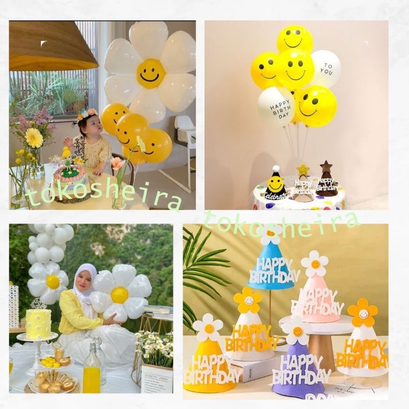 Balon Bunga Daisy Putih Size S M L Balon Foil Bunga Daisy Putih Smile Topi Happy Birthday Flanel Bal