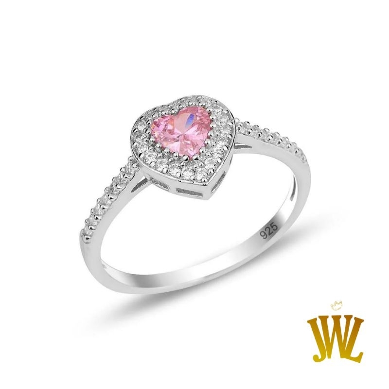 Jewellant - Cincin Hati Batu Merah Muda Model Berlian Rhodium Perak, Cincin Wanita Perak Silver 925 Asli, Pink Stone Heart Ring