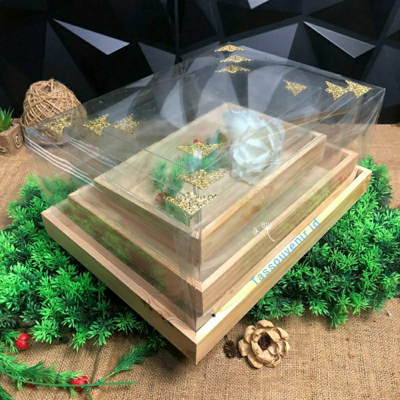 Kotak Box Hantaran Kayu Rustic Paket Isi 3 Lengkap untuk Pernikahan Lamaran dengan Tutup Mika dan Bi