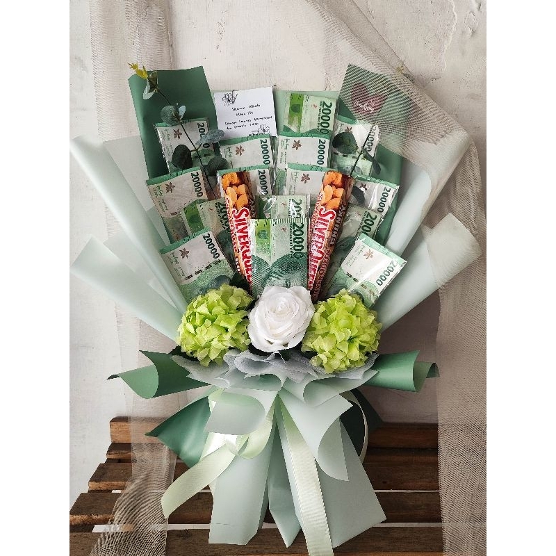 buket cokelat chunky bar dan uang, money bouquet malang, 20 ribu 15 lembar