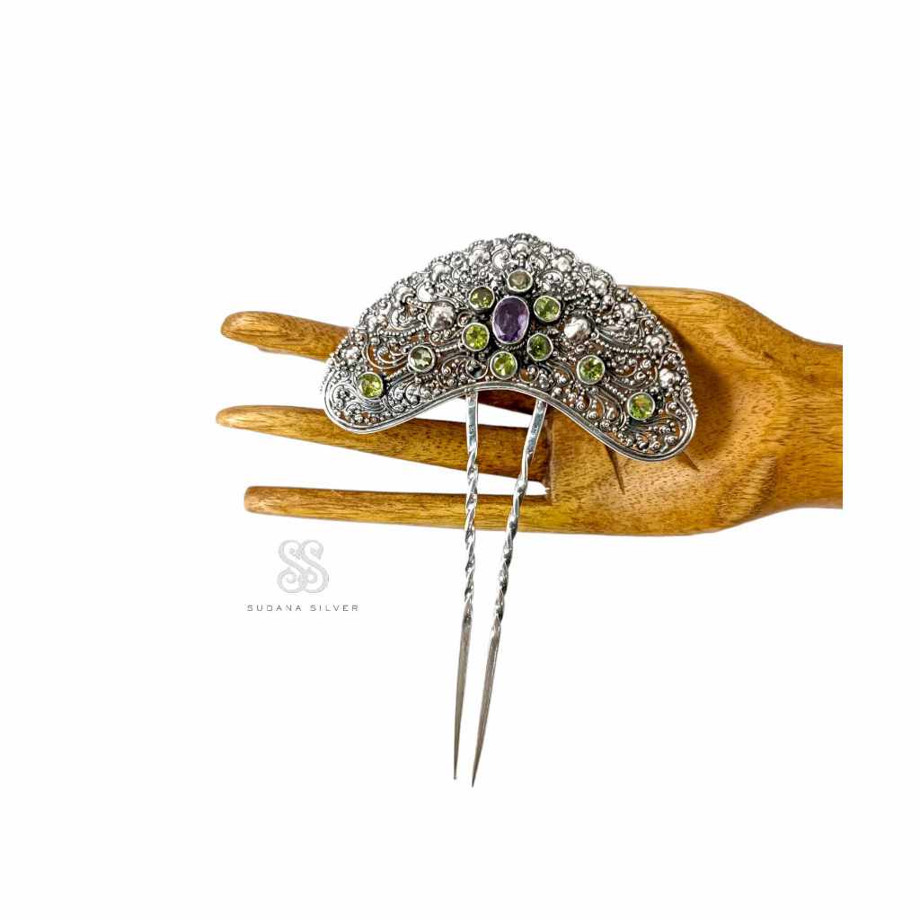 Cucuk Rambut Tusuk Konde Perak Klasik Gandapati Amethyst Peridot Bali
