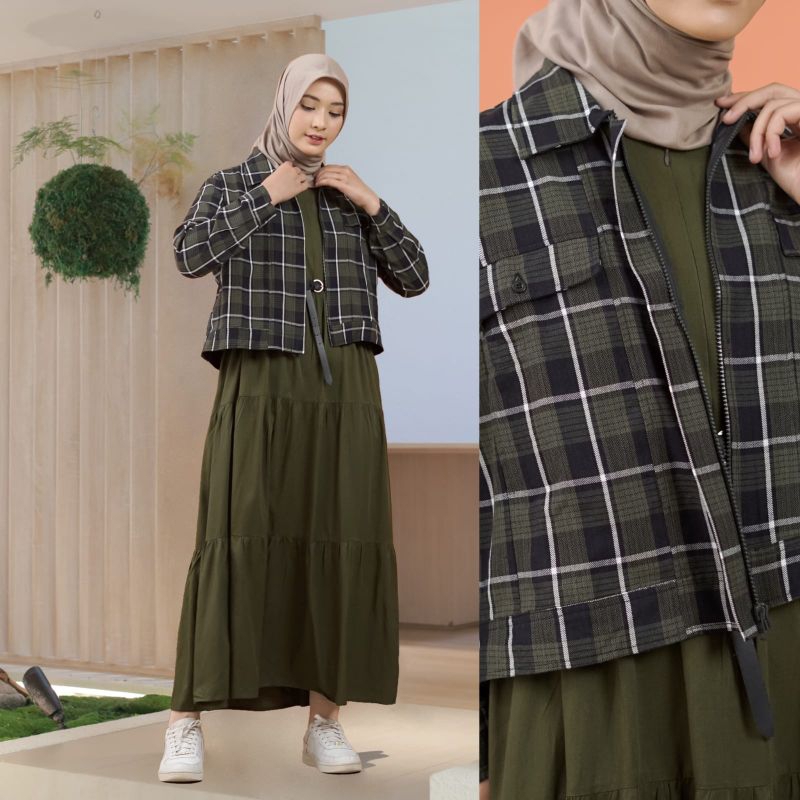 Gamis dress set cardi blazer rompi outer flanel kotak tania keren cantik casual kasual santai jalan 