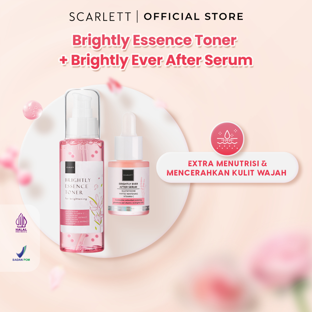 Scarlett Whitening Brightly Essence Toner + Scarlett Whitening Brightly Ever After Serum Mencerahkan