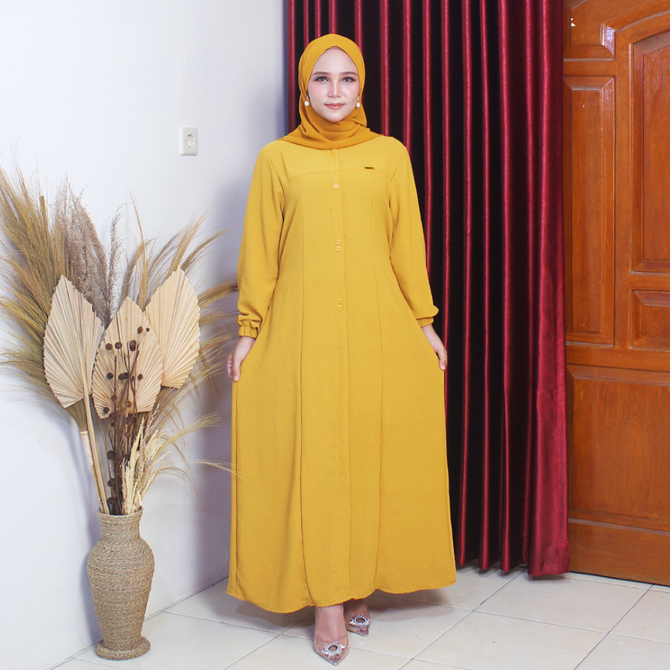 Putroelabel - Dress Gamis Polos Original Crinkle Premium Mustard Set Hijab