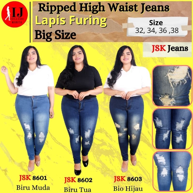 Celana Panjang Highwaist Ripped Jeans Stretch Jumbo Big Size  Wanita Jsk Jeans