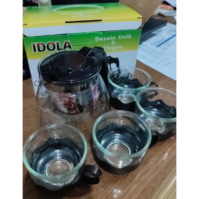 Tea Pot Kaca Set 5 in 1, Tea Pot dengan Saringan Stainless