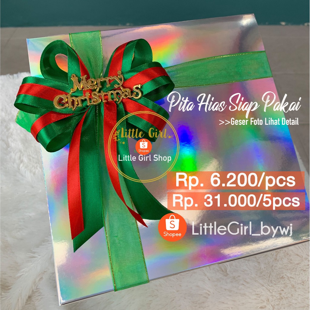 

Pita Siap Pakai Natal - Merry Christmas Ribbon - Hampers Parcel Kado Xmas Craft Gift Bow - Little Girl Shop