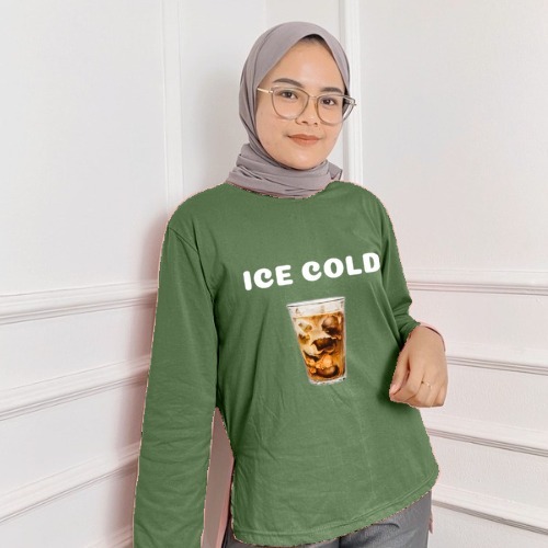 Kaos Wanita Lengan Panjang Ice Cold Blouse Bahan Kaos Katun Combed Aplikasi Sablon Kaos Oversize Wan