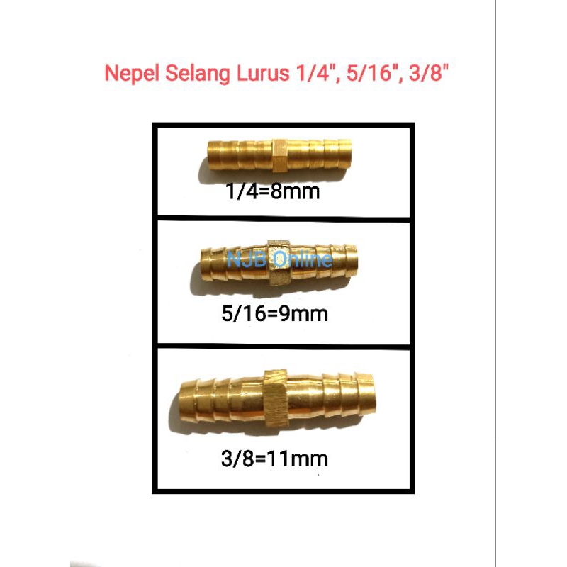 Nepel Sambungan Selang 1/4, 5/16, 3/8, 1/2 angin  Sanchin Kompor Gas Nepel Selang Lurus Kuningan