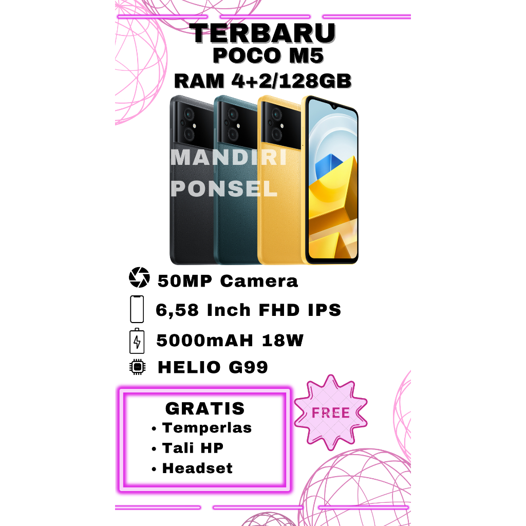 POCO M5 RAM 6GB (4+2 EXTEND /128GB) GARANSI RESMI GRATIS HEADSET, TEMPERGLAS dan TALI HP