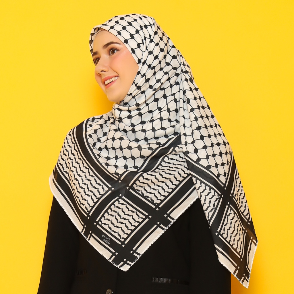 Reject product Jilbab Hebron Series motif Kaffiyeh Defect noda kuning