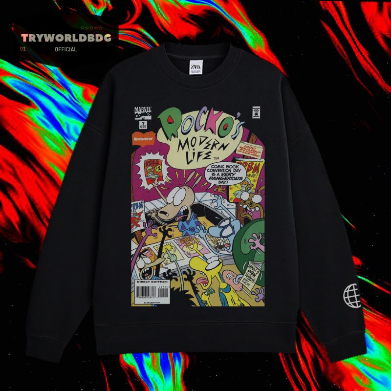 TRYWORLDBDG OFFICIAL "ROCKO'S" CREWNECK | SWEATER | HOODIE | CREWNECK HITAM | CREWNECK EDISI KARTUN 