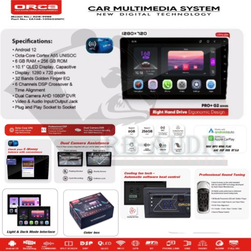 Head Unit Android 9 inch ORCA ADR-9988 PRO+ G2 Gen 2 DSP Dual DVR/CCTV COOLING FAN NFC 6GB-256GB