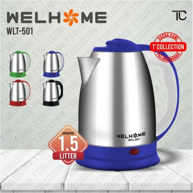 Teko Listrik Wellhome 1.5 Liter 1,5L 1.5L 1,5 Kettle Elektrik Pemanas Air Stainless Steel