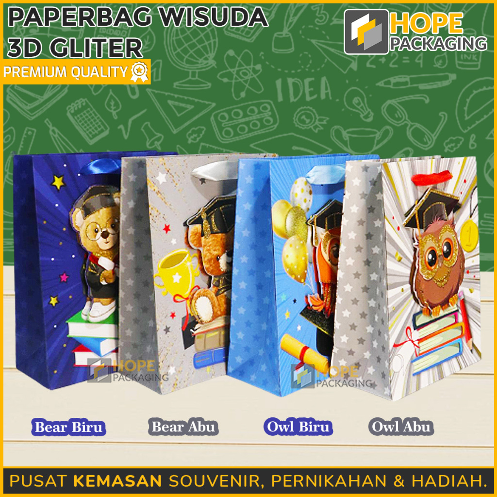 

Paper Bag Kantong Kertas 3D Wisuda / Paper Bag Glitter Topi Toga / Tas Kado / Goodie Bag Bingkisan Hampers / Paper Bag Tas Hadiah Graduation / Tote Bag Motif Boneka