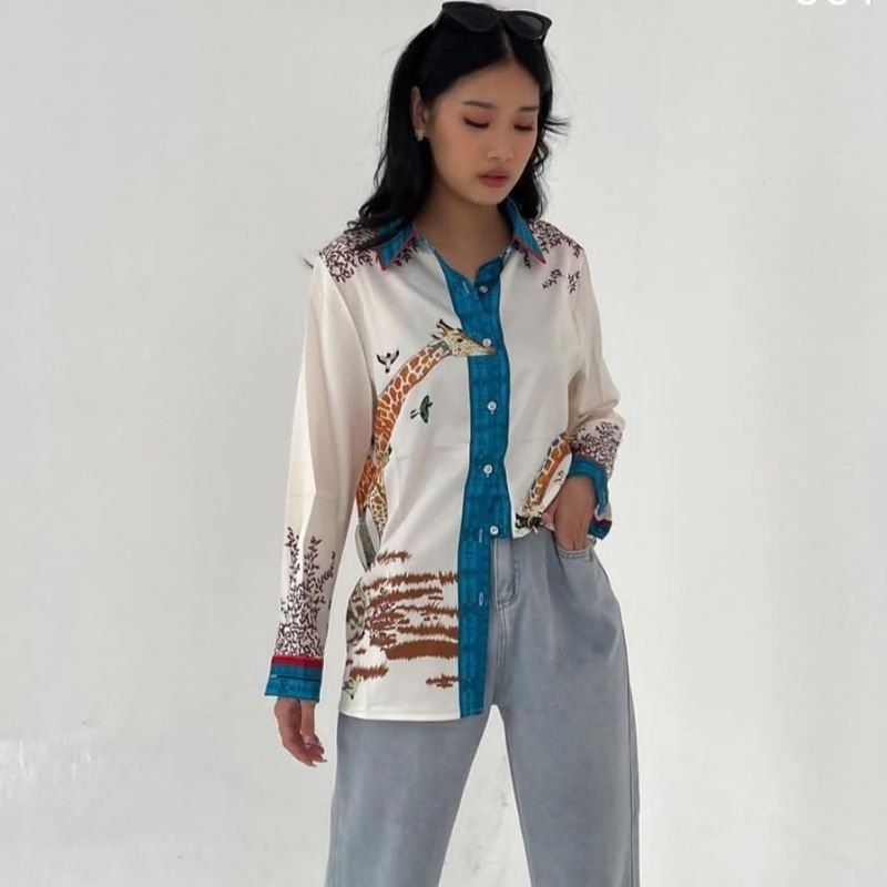 Kemeja Pattern Silk Wanita Pinkdose | Baju Satin Silk | Outer | Kualitas Premium | Motif Jerapah