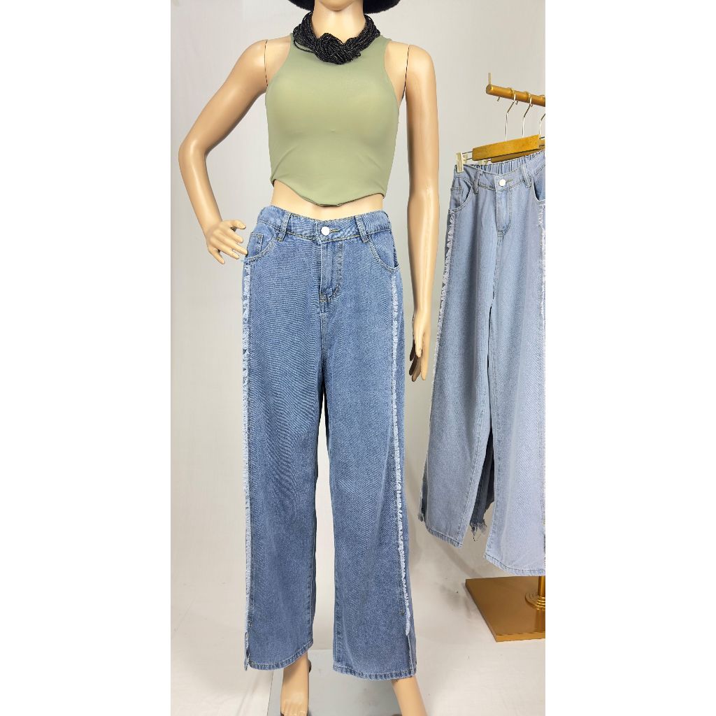 Celana Jeans Wanita Loose Fit - JR Fashion Shop - Celana Denim Longgar Dengan Slit