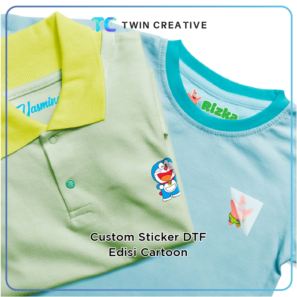 

Custom Sticker DTF Edisi Cartoon Sablon Setrika Siap Press - Stiker Kain Label Nama Baju Kartun Anak