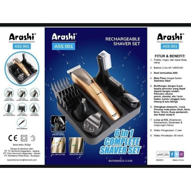 ARASHI Alat Cukur Rambut Pria Shaver Set 6 in 1 Elektrik Rechargeable ASS 001