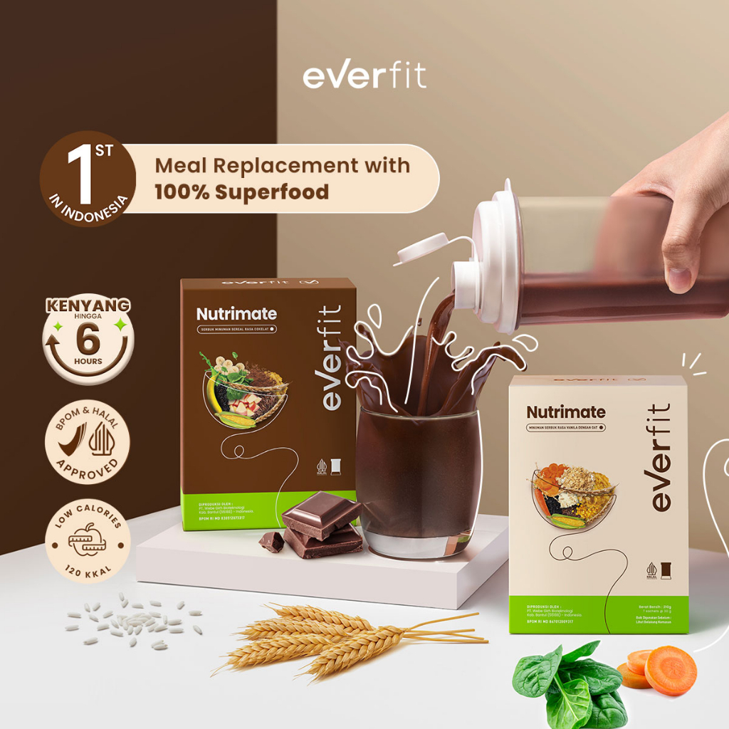 

Everfit Nutrimate Meal Replacement dengan Oat Isi 7 Sachet Rasa Cokelat dan Vanila