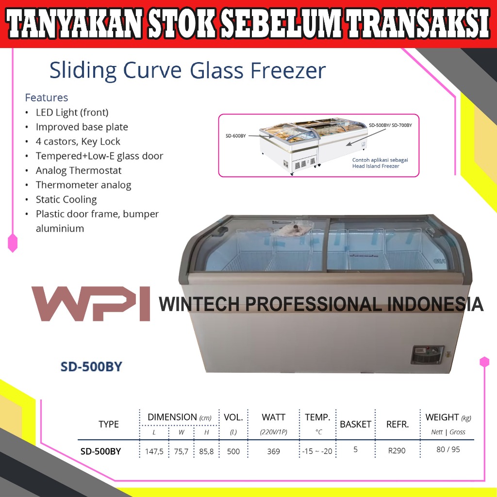 Gea SD-500BY Sliding Curve Glass Freezer - Freezer Box Kaca Geser Kapasitas 500 L - Freezer Kaca Cem