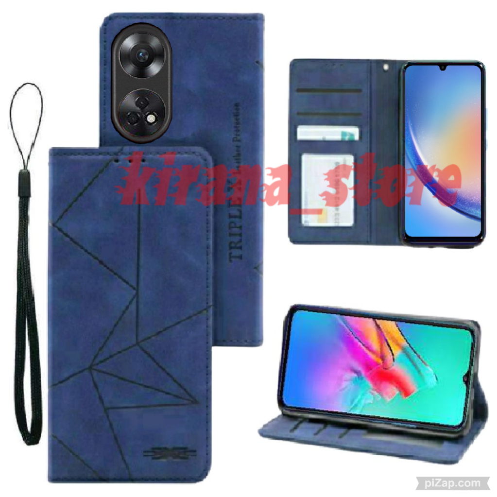 OPPO RENO 8T 4G Flip Case Flip Motif Dompet Casing HP Flip Kulit Motif Garis Wallet Leather Cover Un
