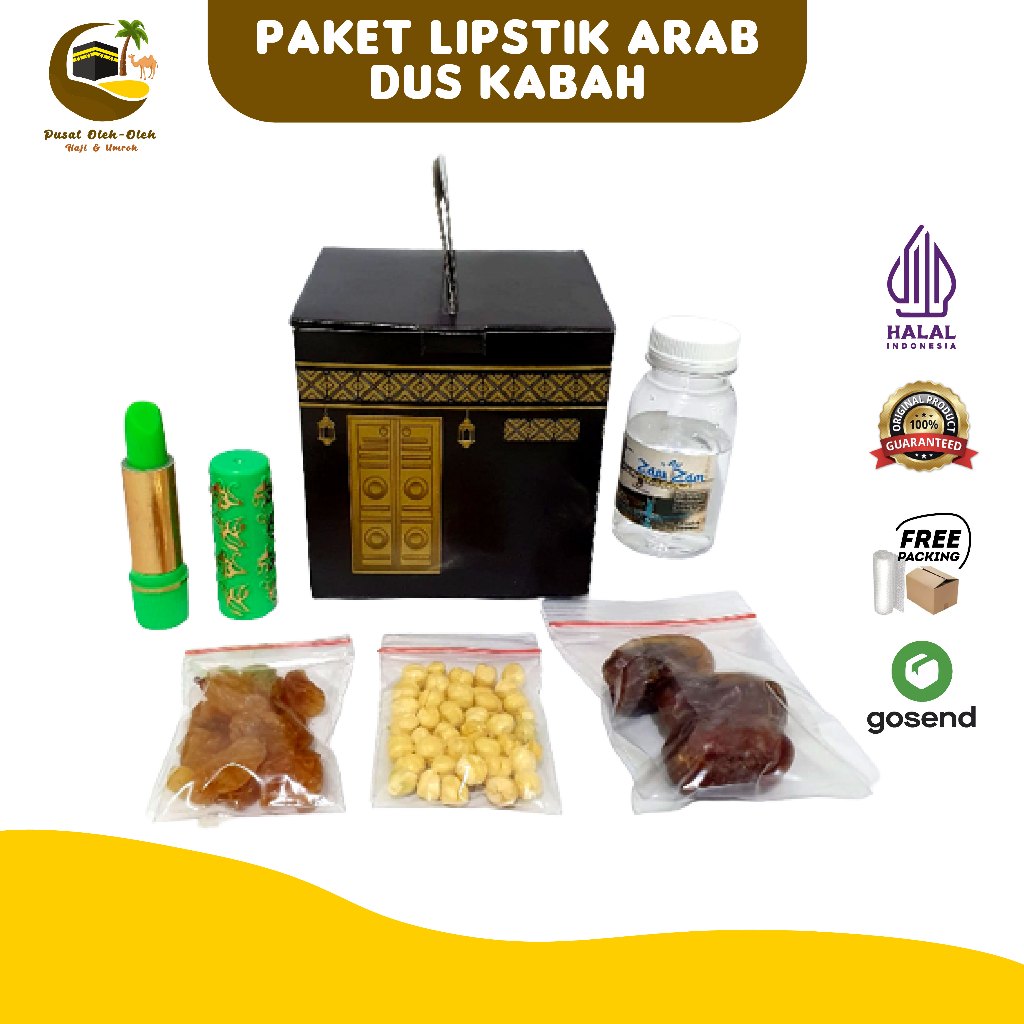 

paket oleh-oleh haji dan umrah dus Ka'bah + kurma khalas + lipstik arab