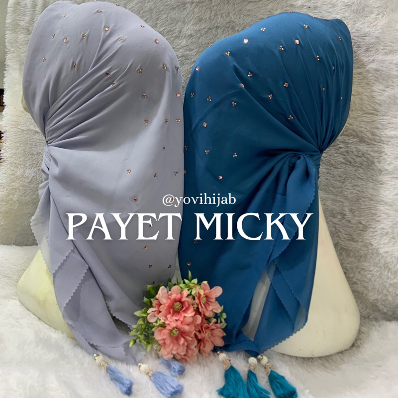 HIJAB SEGI EMPAT POLYCATOON BELLA LASER MICKI PAYET ROSE GOLD TASEL TIGA SISI // JILBAB PAYET
