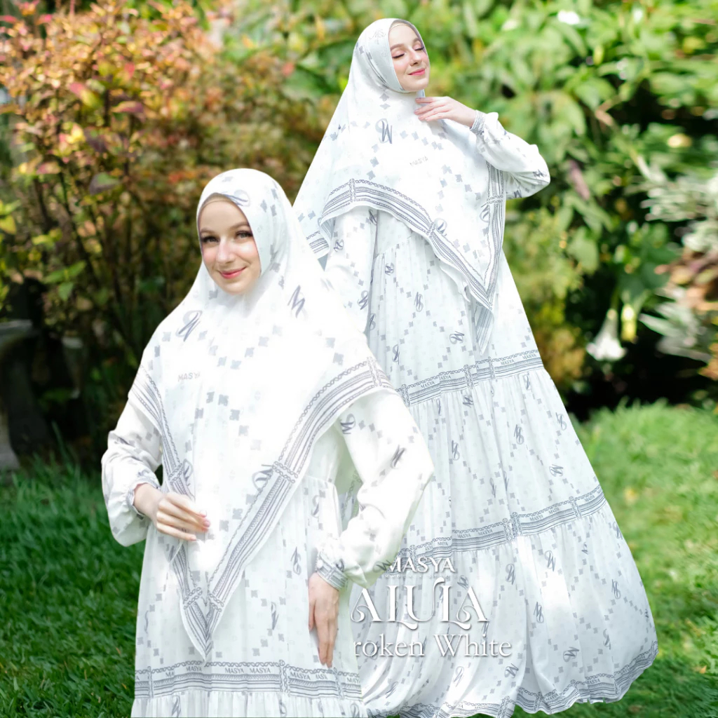 Set Gamis Dress Ceruty Babydoll Printing Premium Syari Warna Putih Broken White Mewah Masya Syari Or
