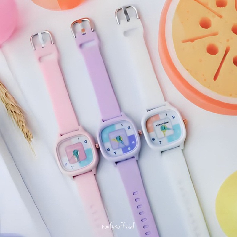 NOVFYS Candy - Jam Tangan Quartz Strap PU Analog Kotak Segiempat Casual Gaya Retro Korean Style Keki