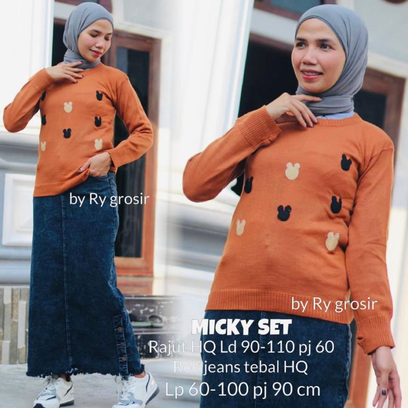 Setelan Rajut Motif Mickey + Rok Span Jeans Rawis Kancing