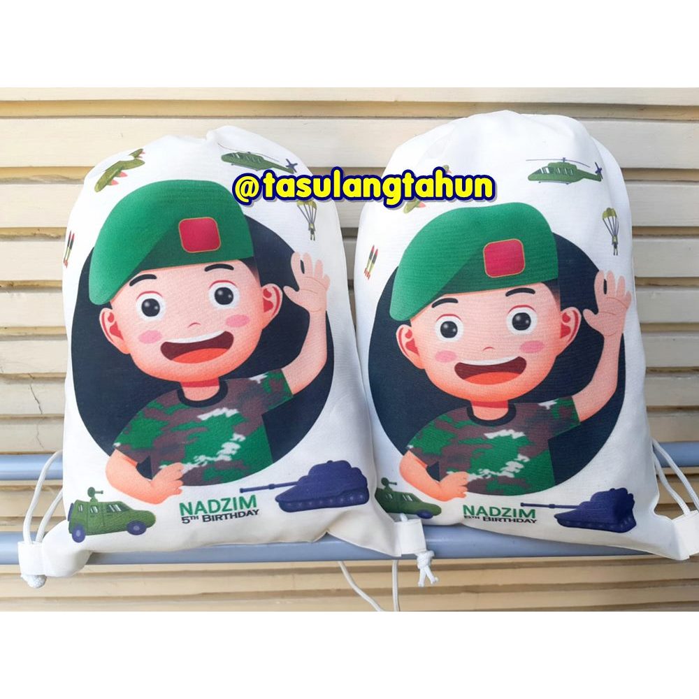 Tas Ulang Tahun Anak RANSEL Ultah Souvenir Ultah GoodieBag Bingkisan Blacu Loreng TNI AD KOSTRAD ARM