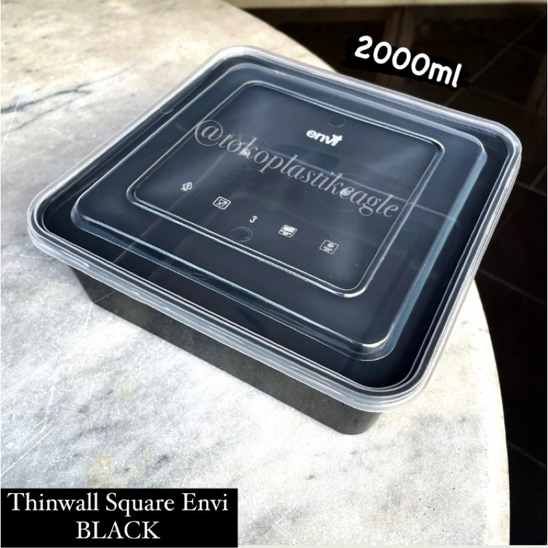 [isi 25pcs] Thinwall Square ENVI Black 2000ml / Kotak Makan ENVI Hitam 2000ml