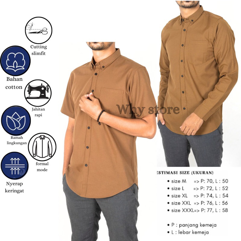 kemeja pria polos lengan panjang mocca lengan pendek coklat tua hem pria tangan panjang pendek slim 