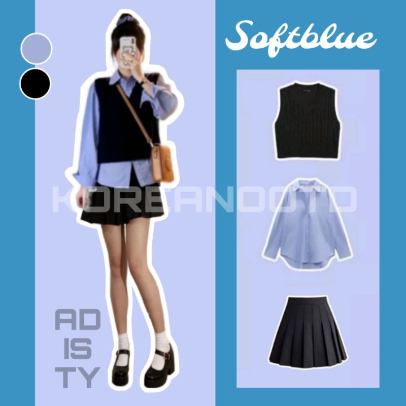 Oneset 3in1 korea, outfit korea, ootd korea, outfit kpop (set 19 softblue)
