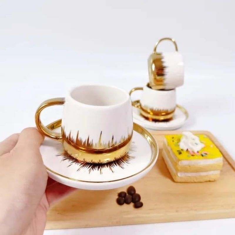 Cangkir Set Unik Mewah Keramik White Sage List Gold Emas Cangkir Gold Putih Cangkir Turky Cangkir Ar