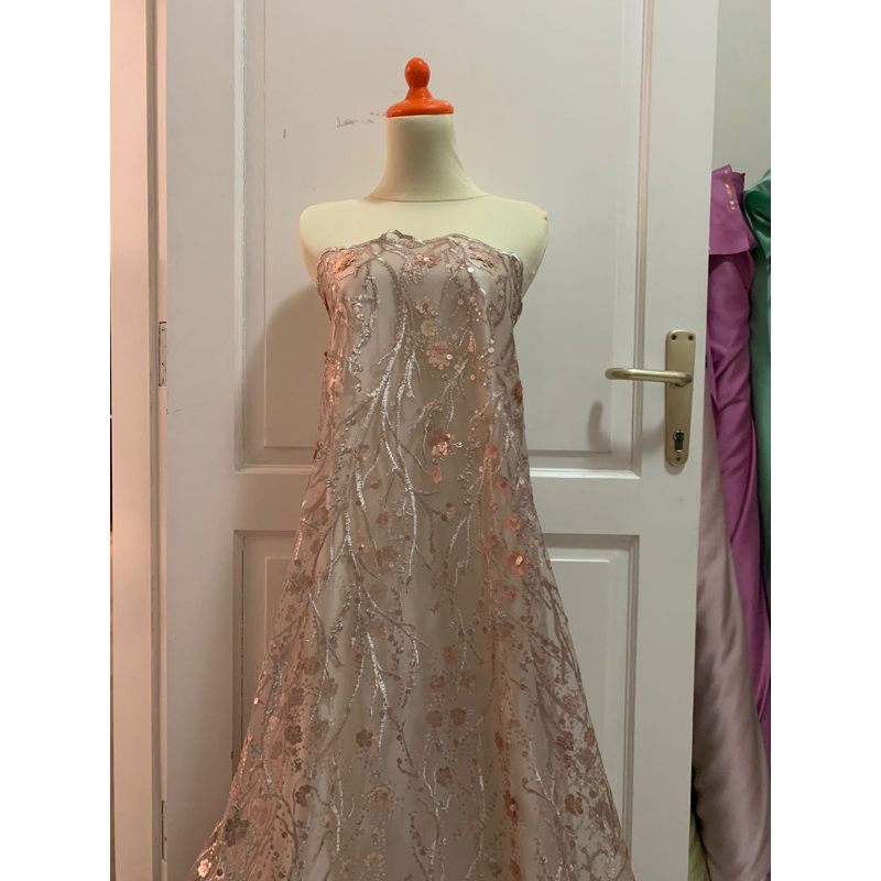 Bahan Kain Kebaya Brukat Brokat Tile Bordir Payet Timbul Freya 1/2 Meteran Warna Coksu Nude Latte