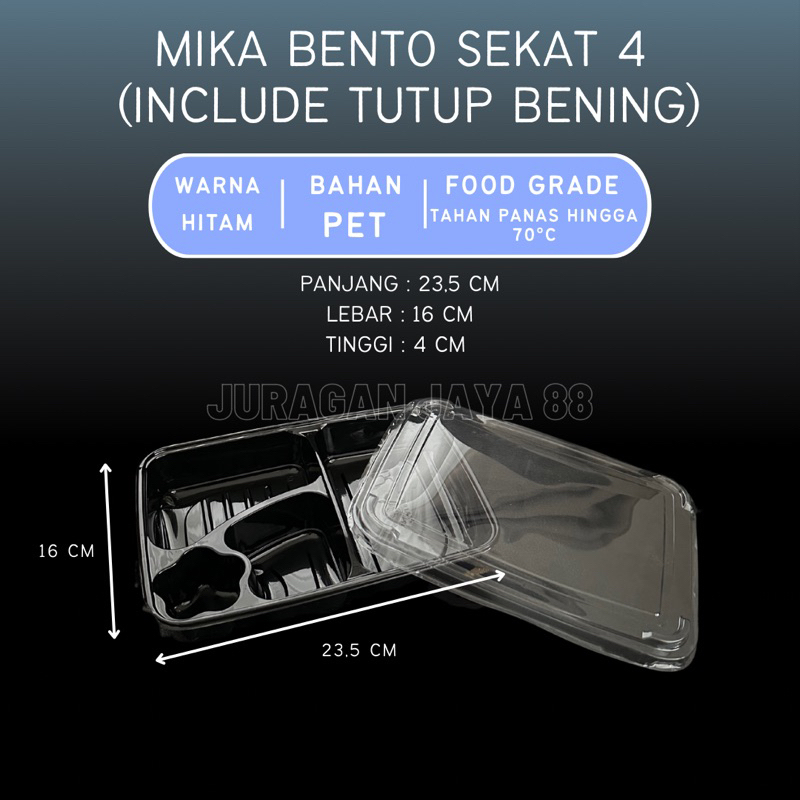 Mika Bento Sekat 4 + Tutup LUX | Wadah Bento Hitam | Tray Bento