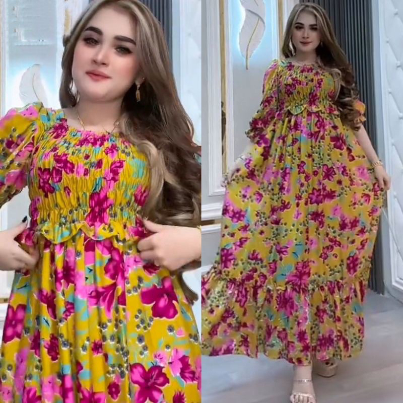 dress wanita smok ulva riani kalista lime