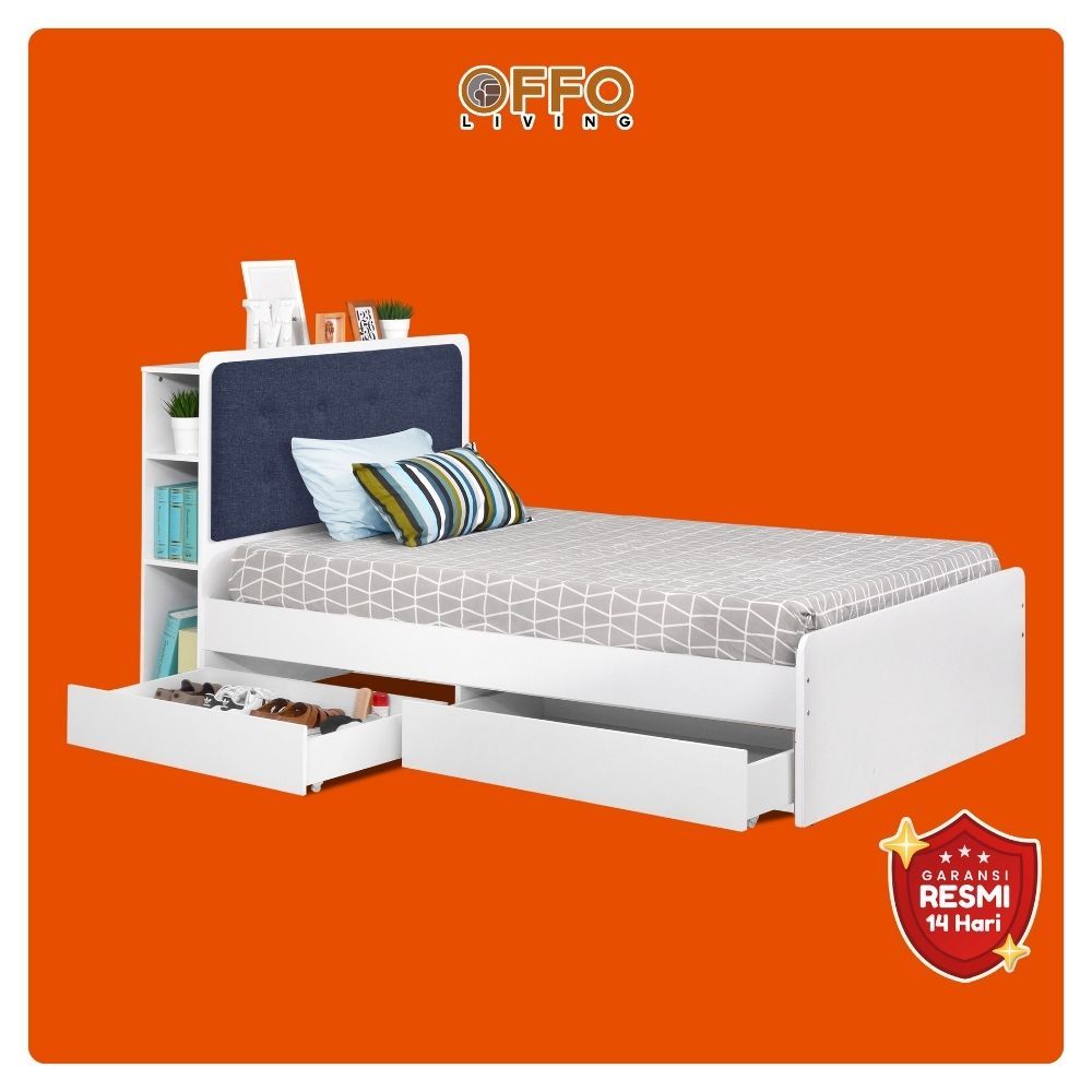 Offo Living - Ranjang Eclipse White dengan Laci untuk Kasur 120 x 200