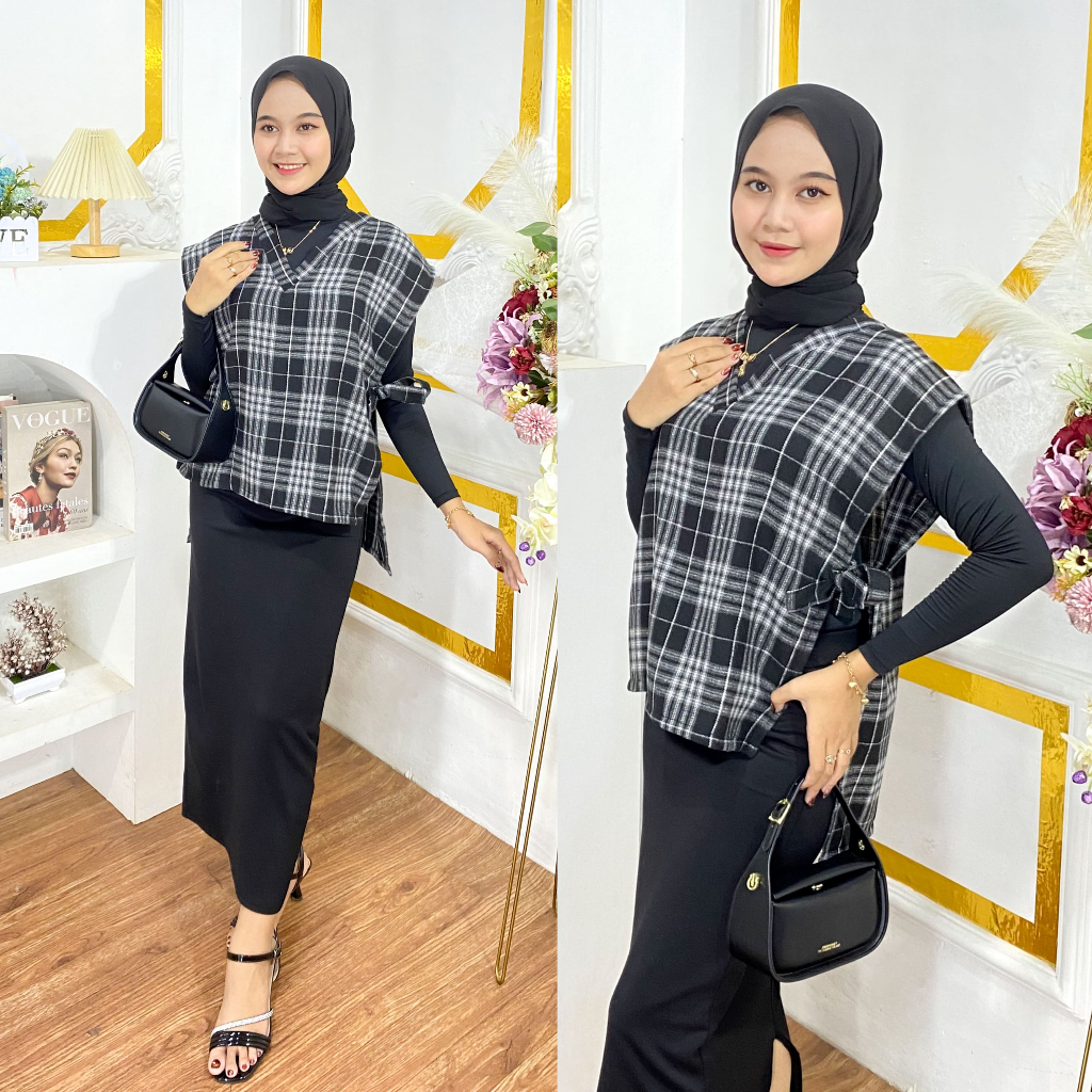 Vest Flanel Tali Samping Wanita / Korean Style Rompi Kotak Premium