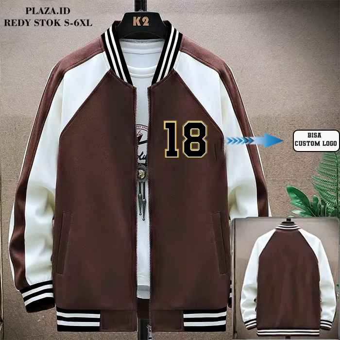 JAKET BOMBER VARSITY BASEBALL COKLAT TUA 18 OVERSIZE S-6XL.JAKET VARSITY CUSTOM