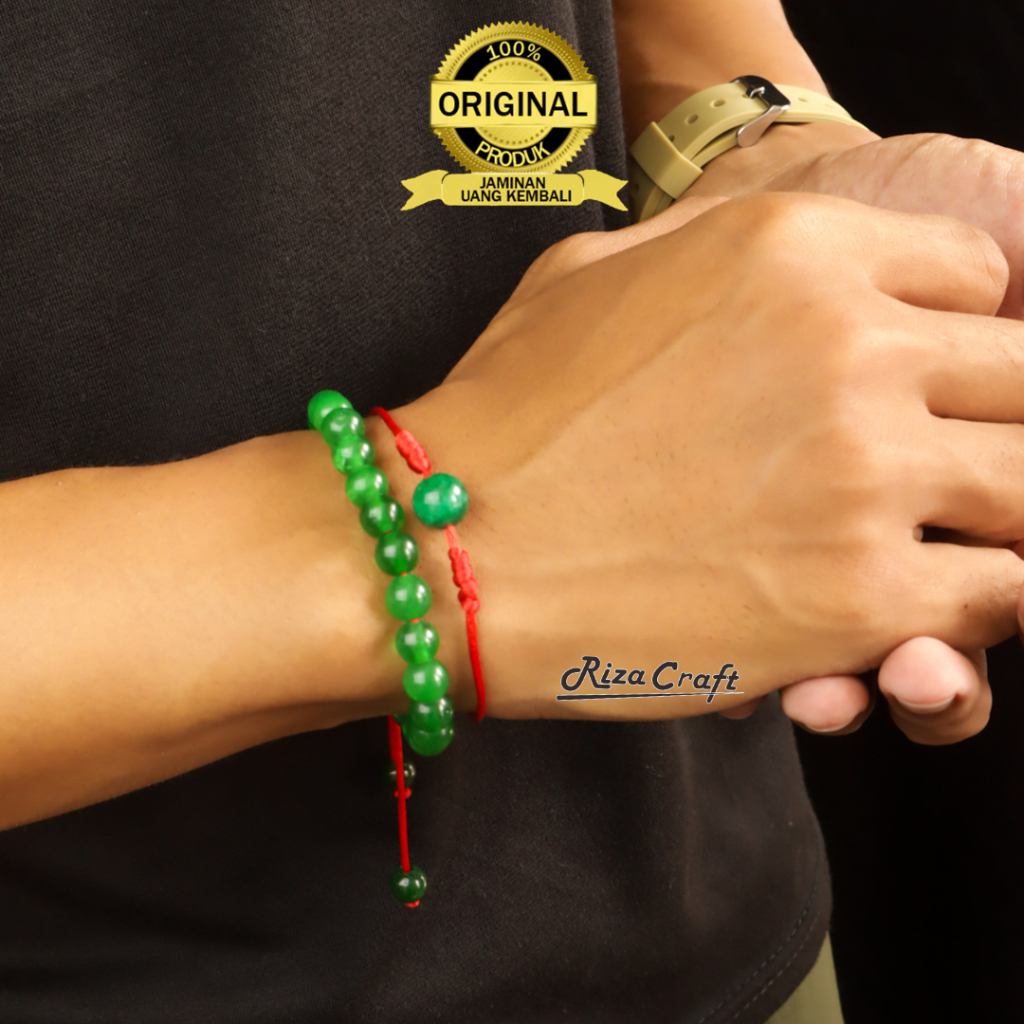 Gelang Natural Batu Akik Kristal Giok Hijau ASLI China Tali Merah Original Pria Wanita